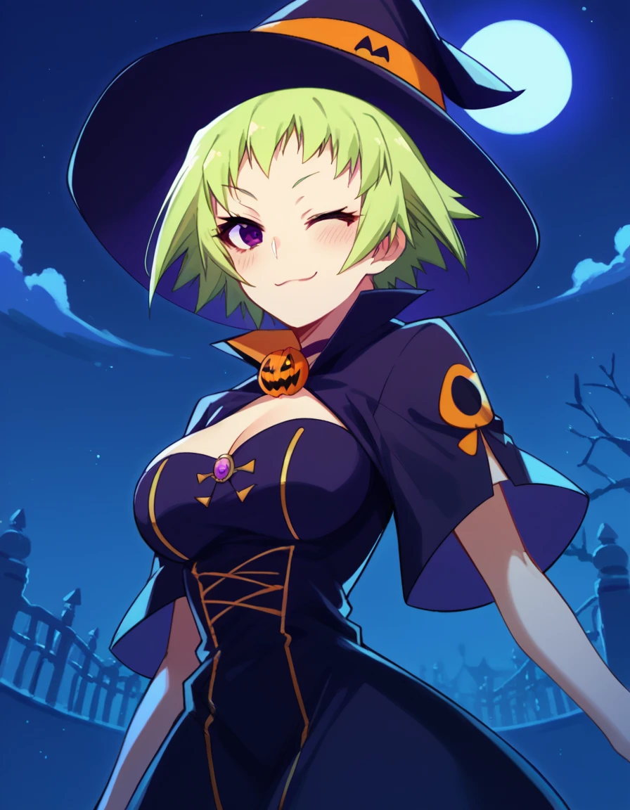 score_9, score_8_up, score_7_up, source_anime, <lora:neko-nabeshima-s2-ponyxl-lora-nochekaiser:1>, neko nabeshima, short hair, large breasts, purple eyes, green hair,, <lora:witch-ponyxl-lora-nochekaiser:1>, witch, hat, witch hat, dress, halloween, halloween costume, jewelry,, night, moon, blush, smile, one eye closed,, , dutch angle, cowboy shot