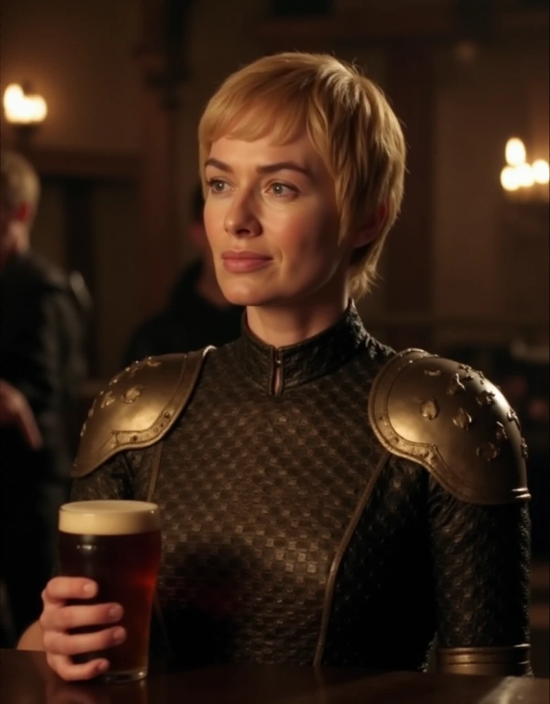 Cersei Lannister, a woman with short blond hair. She wears a leather armor and hold a beer in a medieval tavern <lora:Cersei:0.9>