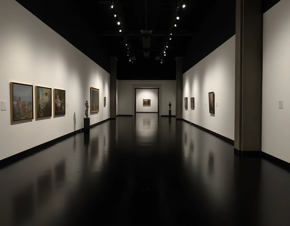 dark liminal space passage at an art exhibition with paintings, pillars and statues, airy architecture, spotlight, white walls, black obsidian reflective floor