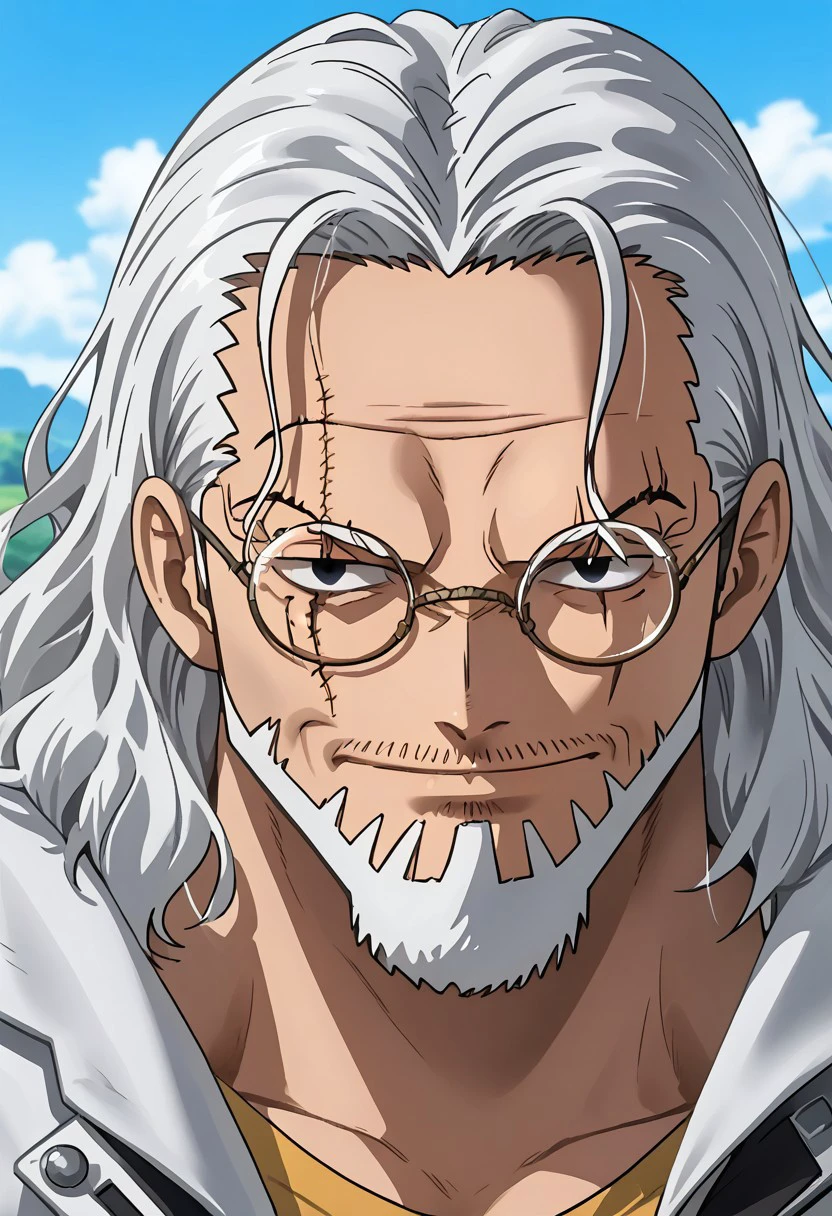 Silver rayleigh, white hair, beard, scar on face, black eyes, white coat, yellow shirt, detail face, 4k, high quality,solo, round glasses,half body view