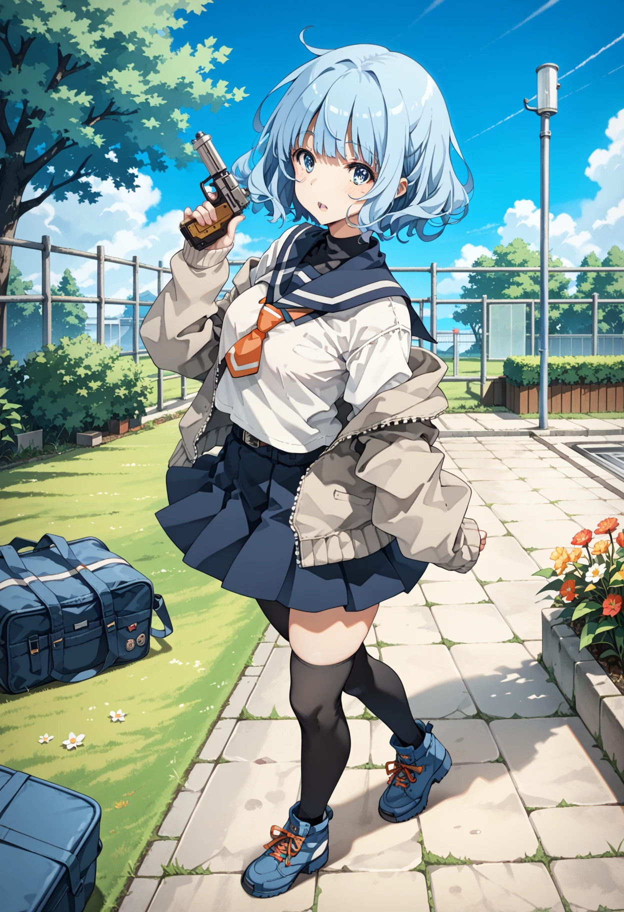 (score_9,score_8_up,score_7_up,source_anime,(masterpiece:1.2),best quality,very aesthetic,public indecency,absurdres),masterpiece,best quality,very aesthetic,absurdres,1girl,solo,
<lora:shikiha_p_v1:1>,shikiha,short hair,blue hair,blue eyes,school uniform,sleeves past wrists,serafuku,cardigan,open clothes,skirt,black thighhighs,shoes,open cardigan,
<lora:Fixhands_anime_bdsqlsz_V1:1>,looking_at_viewer,dynamic_angle,cinematic_angle,blush,male pubic hair,open mouth,lawn,trees,night,fence,posing,(handgun:1.2),holding_gun,combat_boots,, masterpiece,best quality, very aesthetic, absurdres, ultra detailed, high resolution, 4k, extremely detailed CG,