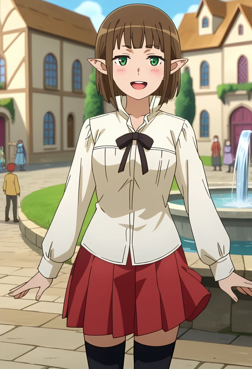 score_7_up, anime screencap,
<lora:DanMachi_EinaTulleXL:0.9>,
1girl, open mouth, smile, blush, upper teeth only,
short hair, brown hair, blunt bangs, green eyes, pointy ears,
EinaCasual, black ribbon, dress shirt, yellow shirt, high collar, open collar, long sleeves, pleated skirt, red skirt, black thighhighs, 
standing, looking at viewer,
fountain, town, medieval, blurry background