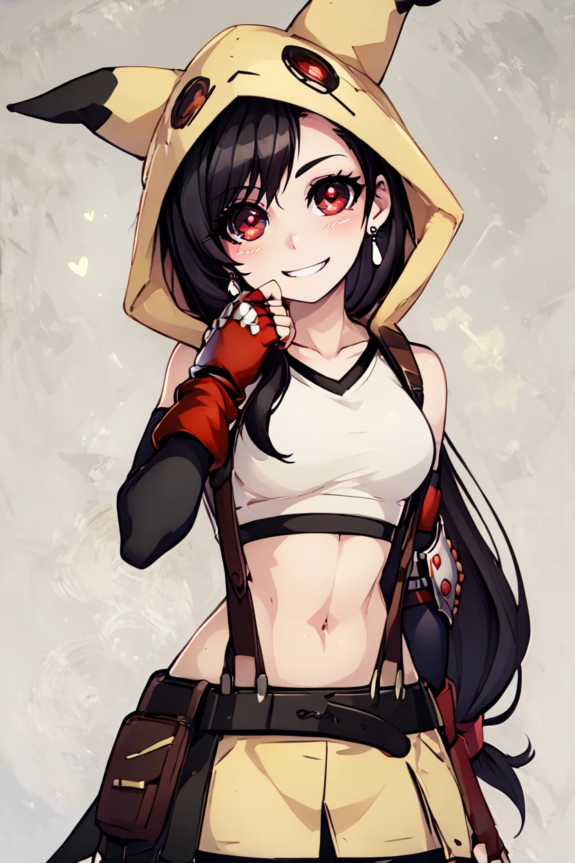 score_9, score_8_up, score_8, medium breasts, (curvy), cute, eyelashes,       BREAK, , BREAK, <lora:tifa-pdxl-nvwls-v1:0.8>, defTif, red eyes, black hair, low-tied long hair, earrings, white sports bra, black suspenders, black miniskirt, arm warmers, black elbow gloves, elbow pads, red gloves,, (zzMimikyuHoodie, hood, hood up, cosplay, mimikyu, hoodie),  <lora:MimikyuHoodie_PDXL:0.8>,  <lora:PrismaIllya_PDXL_v3:0.7>, , BREAK,  smile, looking at viewer, cowboy shot,  embedding:zPDXL, Expressiveh, <lora:SDXLFaeTastic2400:0.5>,  <lora:Expressive_H-000001:0.4>,