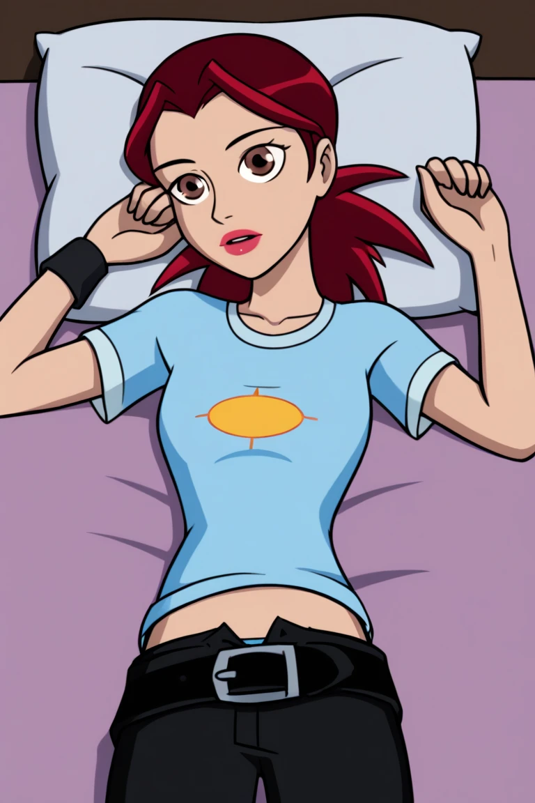 the_barbara, 1girl, solo,sleeping,in bed,lying,t-shirt, wristband,red hair,brown eyes,blue shirt, lipstick,looking at viewer, belt