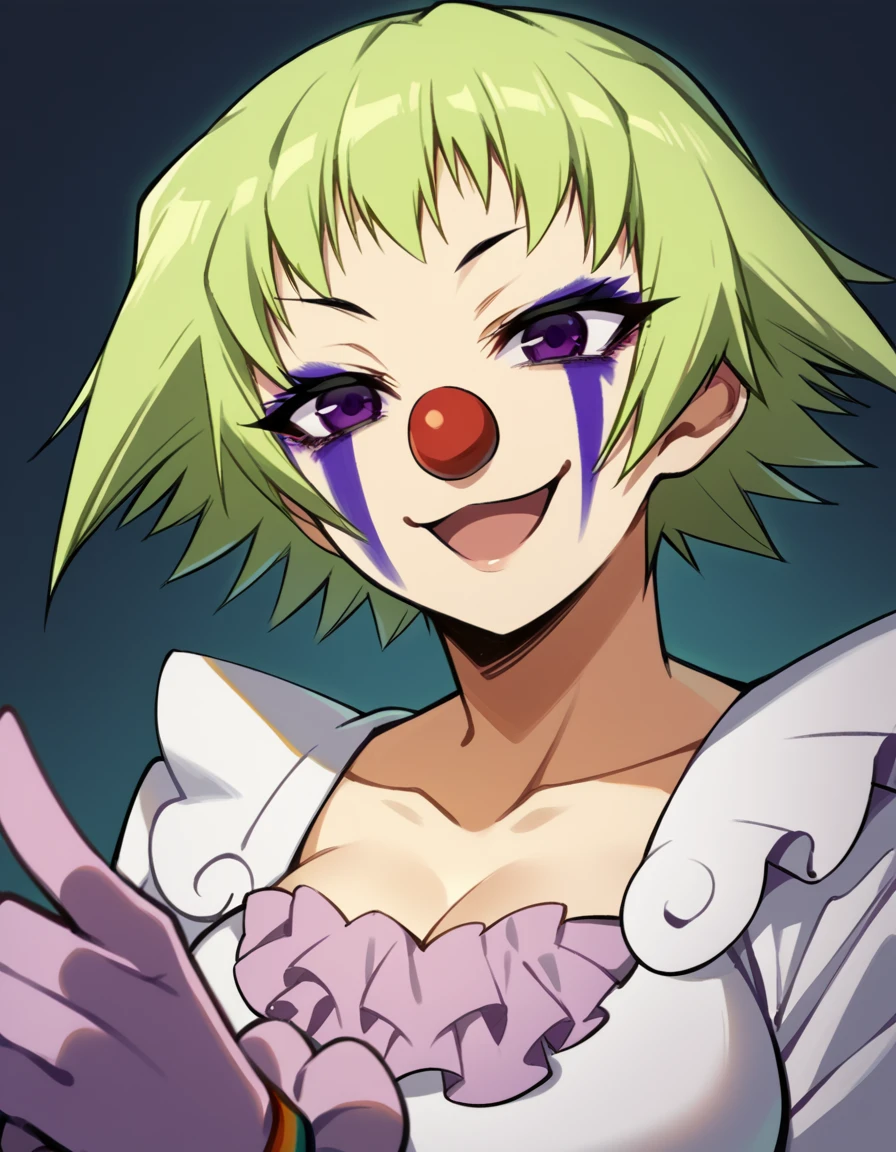 score_9, score_8_up, score_7_up, source_anime, <lora:neko-nabeshima-s2-ponyxl-lora-nochekaiser:1>, neko nabeshima, short hair, large breasts, purple eyes, green hair,, <lora:clown-ponyxl-lora-nochekaiser:1>, clown, makeup, clown nose, facepaint, gloves, long sleeves, frills, dress,, smile, open mouth, smug, , dutch angle, cowboy shot