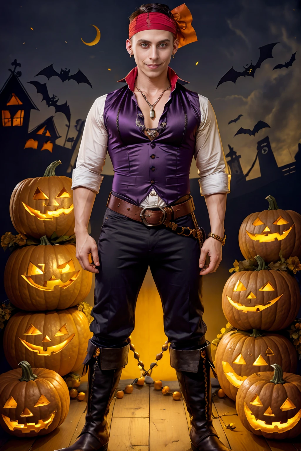 halloween party, jack o lanterns, standing, smirking, DanteMartin is sexypirate, (shirt:1.5), vest, bandana, pants, boots, belt, earrings, necklace,  (((full body portrait))), wide angle <lora:DanteMartin:0.8>   <lora:Clothing - Sexy Pirate:0.5>