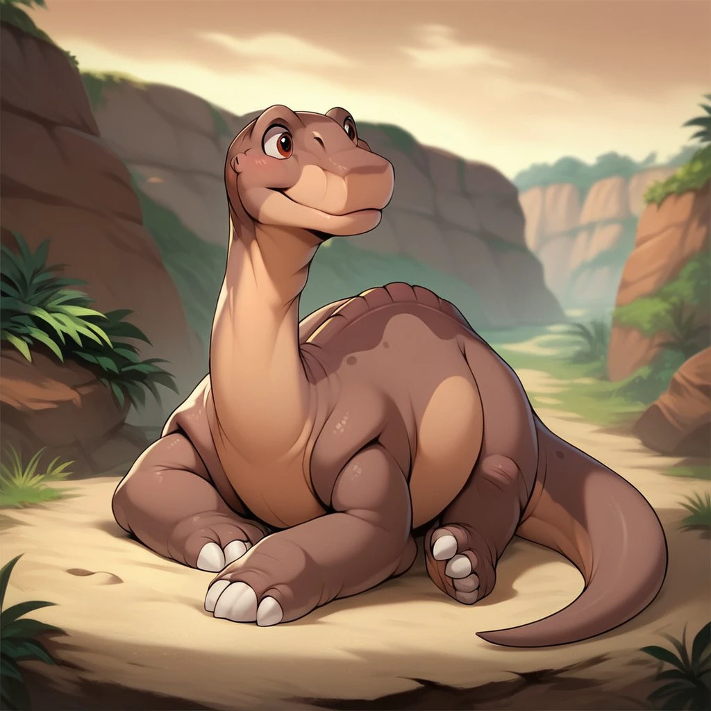 score_9, score_8_up, score_7_up, score_6_up, score_5_up, score_4_up, source_furry, littlefootlbtv2, feral, male, Apatosaurus, scalie, dinosaur, sauropod, brown skin, red-brown eyes, outside, lying, <lora:426cf029-e226-4c18-82be-9d3809a8aa39:0.7>