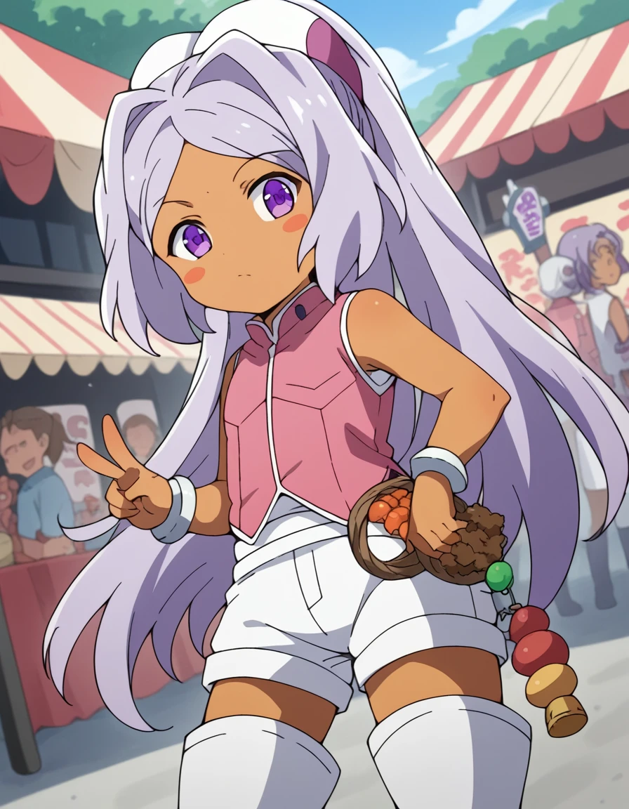 score_9, score_8_up, score_7_up, source_anime, <lora:mur-mur-s1-ponyxl-lora-nochekaiser:1>, mur mur, long hair, purple eyes, ponytail, purple hair, dark skin, dark-skinned female, blush stickers,, thighhighs, jewelry, bracelet, sleeveless, vest, pink vest, shorts, white shorts, street market, vendor, street food, bustling crowd, local flavor, vibrant, , v,, looking at viewer, solo,, dutch angle, cowboy shot