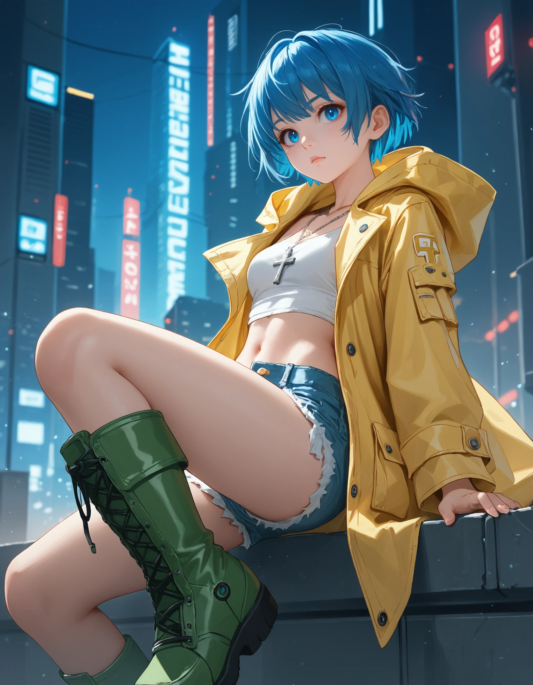 <lora:Luce_Pony:0.8> luc3, 1girl, blue hair, short hair, blue eyes, cross necklace, yellow raincoat, green boots, hood up, micro shorts, cutoffs, midriff, open fly, futuristic, science fiction, city lights,, score_9, score_8_up, score_7_up,