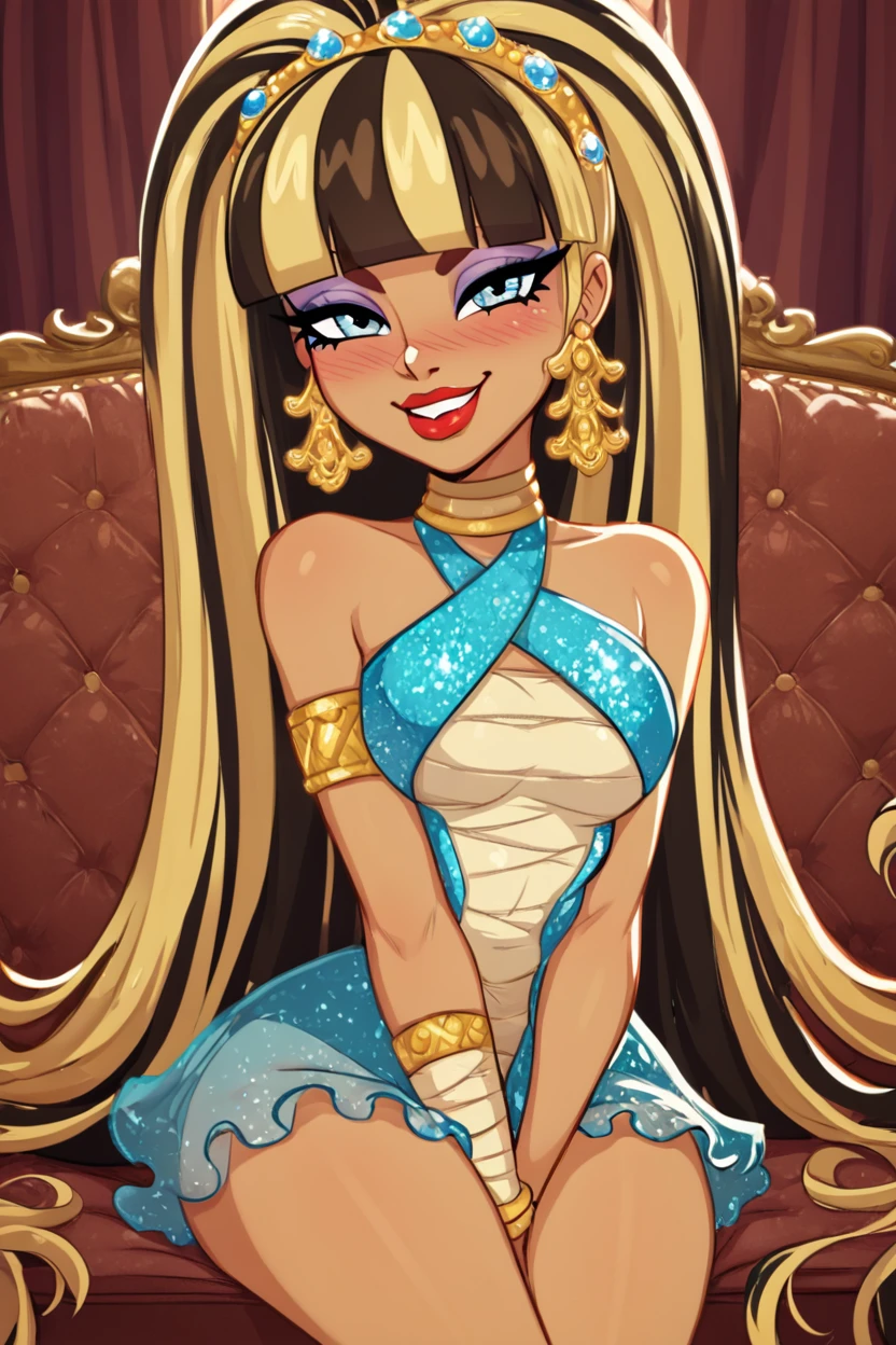 score_9, score_8_up, score_8, medium breasts, (curvy), cute, eyelashes, ,,, zzCleo, long hair, multicolored hair, dark skin, blunt bangs, bangs, two-tone hair, black hair, blonde hair, streaked hair, eyeliner, very long hair, brown hair, makeup, lipstick, bandages, jewelry, earrings, eyeshadow, dress, armlet, red lips, <lora:Cleo_MH_PDXL:0.8>, ,,, hand between legs, blush, smug, ,,, smile, looking at viewer, blush, blurry, couch, sitting, ,,, <lora:Afrobull_PDXL_v5:0.8>, , ,,, BREAK, smile, looking at viewer, cowboy shot, embedding:zPDXL, Expressiveh, <lora:SDXLFaeTastic2400:0.5>, <lora:Expressive_H-000001:0.4>,