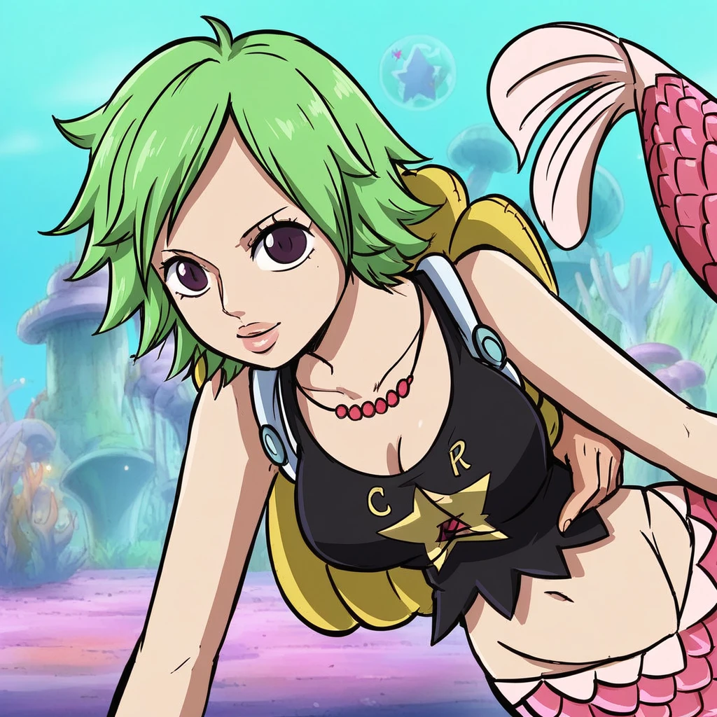 CamieOP, 1girl, solo, monster girl, mermaid, green hair, dark purple eyes, lips, short hair, large breast, jewelry, necklace, cleavage, navel, midriff, groin, shirt, crop top, scales, bracelet, print shirt, backpack, star (symbol),  sexy pose,