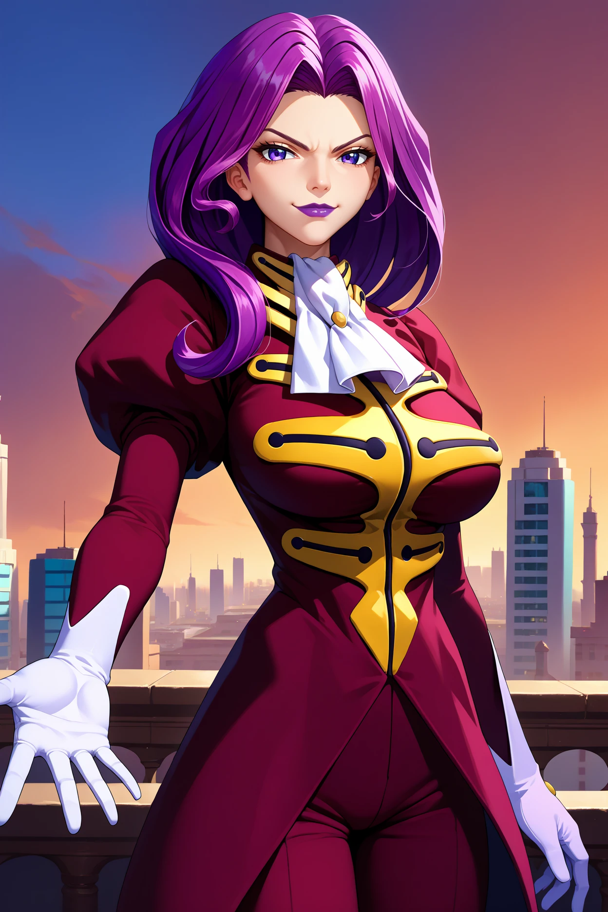 score_9, score_8_up, score_7_up, score_6_up, source_anime, 1girl, solo, <lora:cgcornelia-pdxl-nvwls-v1-000005:1> cgcor, purple hair, long hair, wavy hair, purple eyes, purple lipstick, white ascot, magenta uniform, military uniform, puffy sleeves, long sleeves, white gloves, magenta pants, huge breasts, arm aside, hand up, smirk, red sky, city, looking at you, outstretched arm