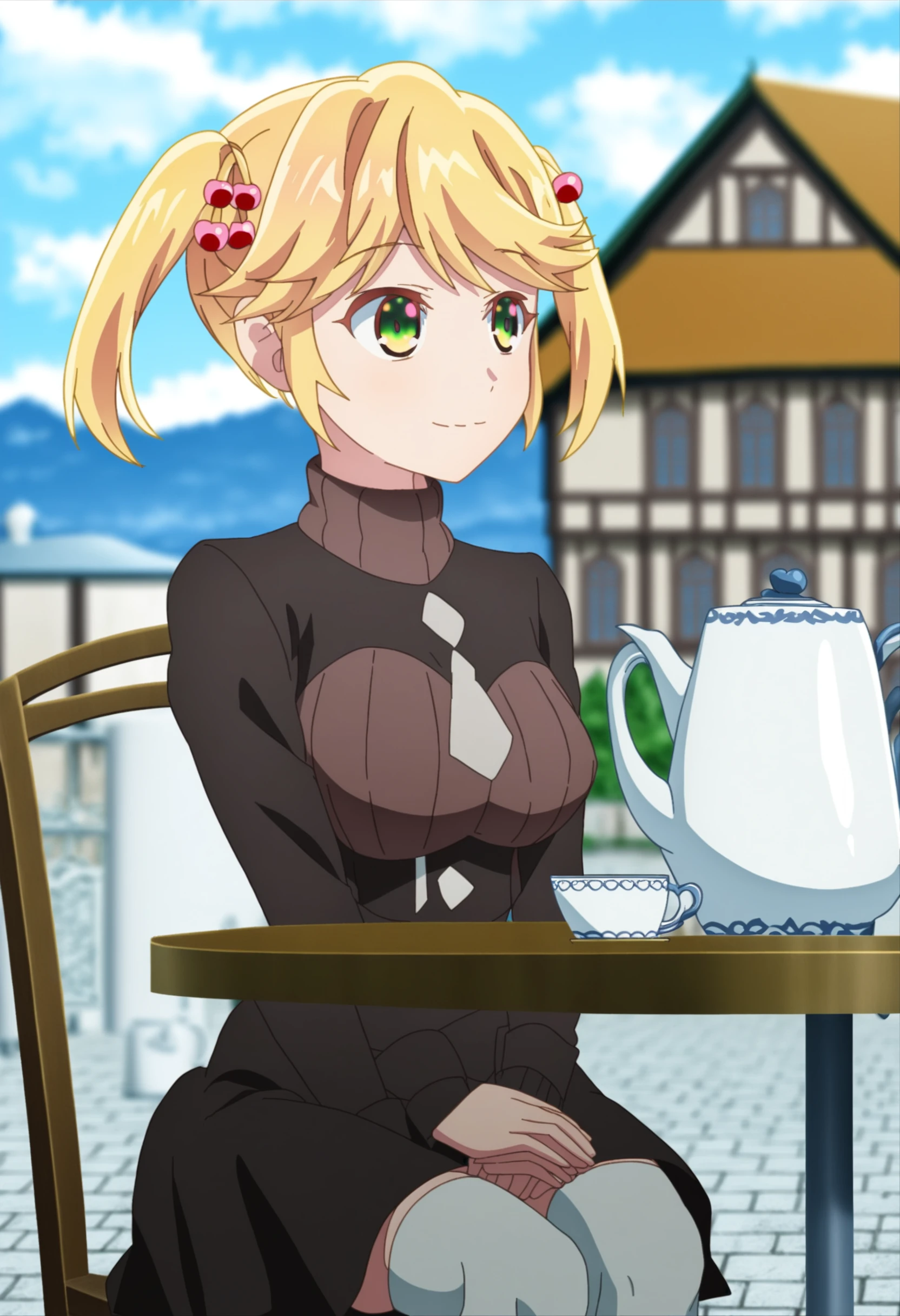 <lora:Tarte - [The Worlds Finest Assassin] - Pony v1:1>, sysdeep_tarte, solo, breasts, smile, short hair, long sleeves, thighhighs, closed mouth, sitting, twintails, outdoors, necktie, sky, day, medium hair, cloud, blurry, black dress, white thighhighs, sweater, blue sky, cup, looking to the side, blurry background, depth of field, turtleneck, chair, table, own hands together, hair bobbles, short twintails, building, ribbed sweater, teacup, turtleneck sweater, brown dress, teapot, brown sweater