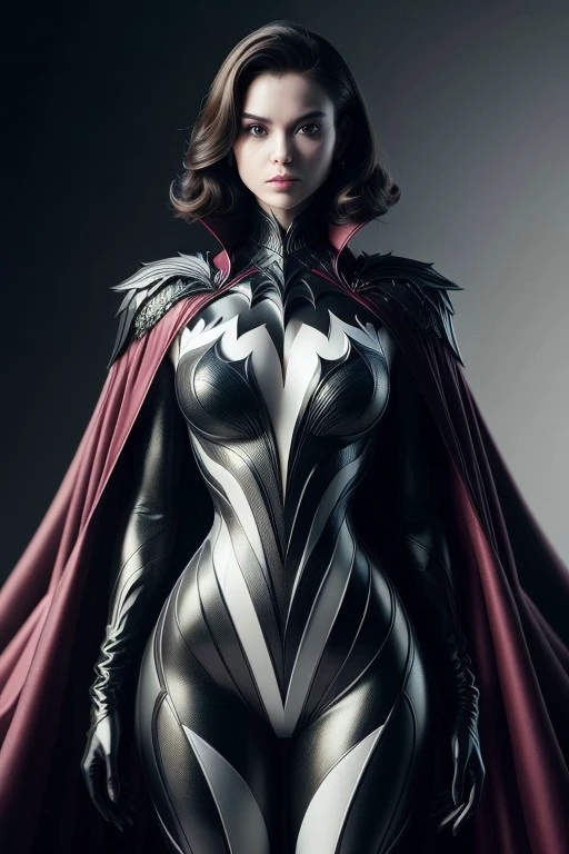 (High quality), (masterpiece), (detailed), 8K, Hyper-realistic portrait of a confident woman, her upper body adorned in a sleek bodysuit with a bold chevron pattern. A flowing cape drapes over her shoulders, accentuating a high collar, while form-fitting gloves complete the ensemble.