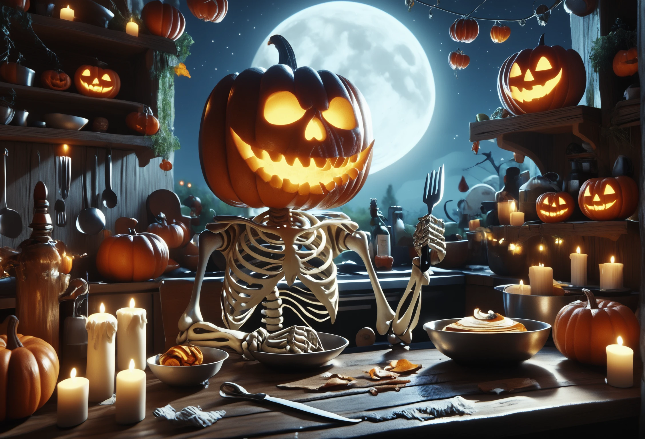 score_9, score_8_up, score_7_up, Skel-o'-lantern, sitting in kitchen, holding fork and knife, pumpkin pie, foods, wooden table, bat and spider webs in the background, night, moon, glowing eyes, glowing mouth, candle,, <lora:Skel-o'-lantern_v2:1.0>