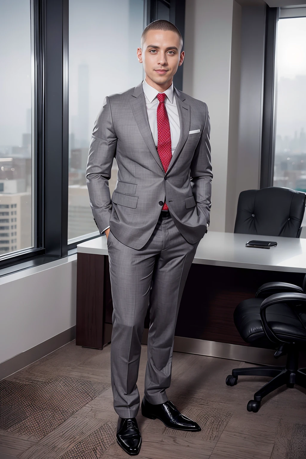 corner office of skyscraper, executive office furniture, standing, smiling, DanteMartin, wearing charcoal gray business suit, white shirt, red tie, charcoal gray jacket, charcoal gray slack dress shoes, ((full body portrait)), wide angle <lora:DanteMartin:0.8>