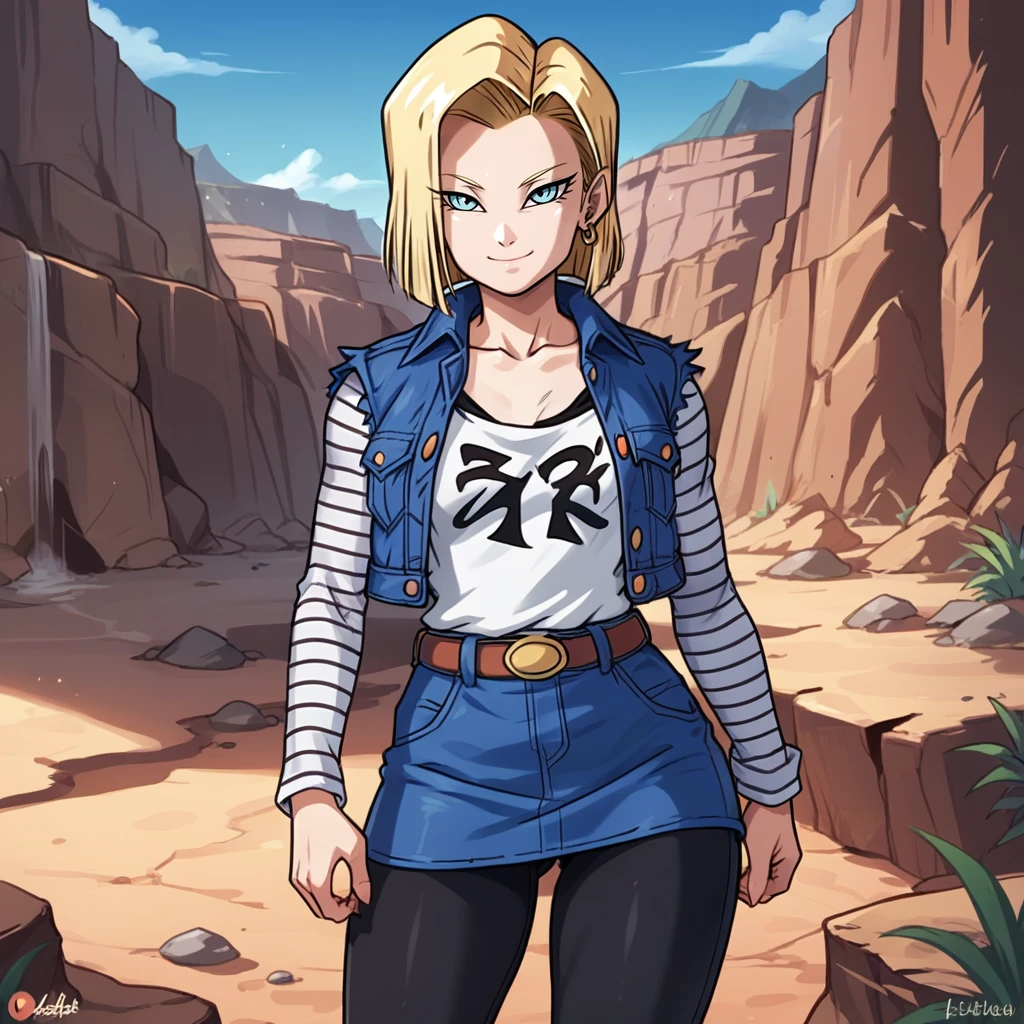 score_9, score_8_up, score_7_up, score_6_up, score_5_up, score_4_up, zPDXL2,source_anime,rating_questionable,  1girl, solo, android 18, blonde hair, smile, cowboy shot, looking at viewer, <lora:Canyon:0.7> c4nyn, canyon, outdoors, day,  blue sky, mountain, desert, mesa,