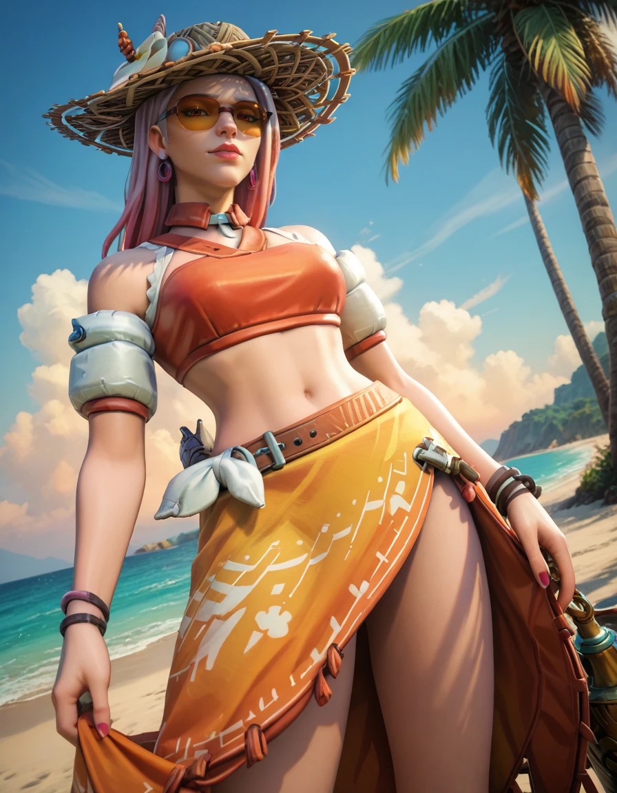 score_9, score_8_up, score_7_up, 1girl, 2.5d,  ashepool, ashe (overwatch)  <lora:Ashe pool-000035:1>medium shot,  sarong, looking at viewer,   oat the beach