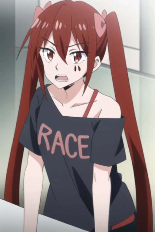 (masterpiece),anarchy, red hair, twintails, red eyes, long hair, 1girl, solo, shirt, open mouth, anime coloring, spikes, off-shoulder shirt, off shoulder, black shirt, bow, hair bow, looking at viewer