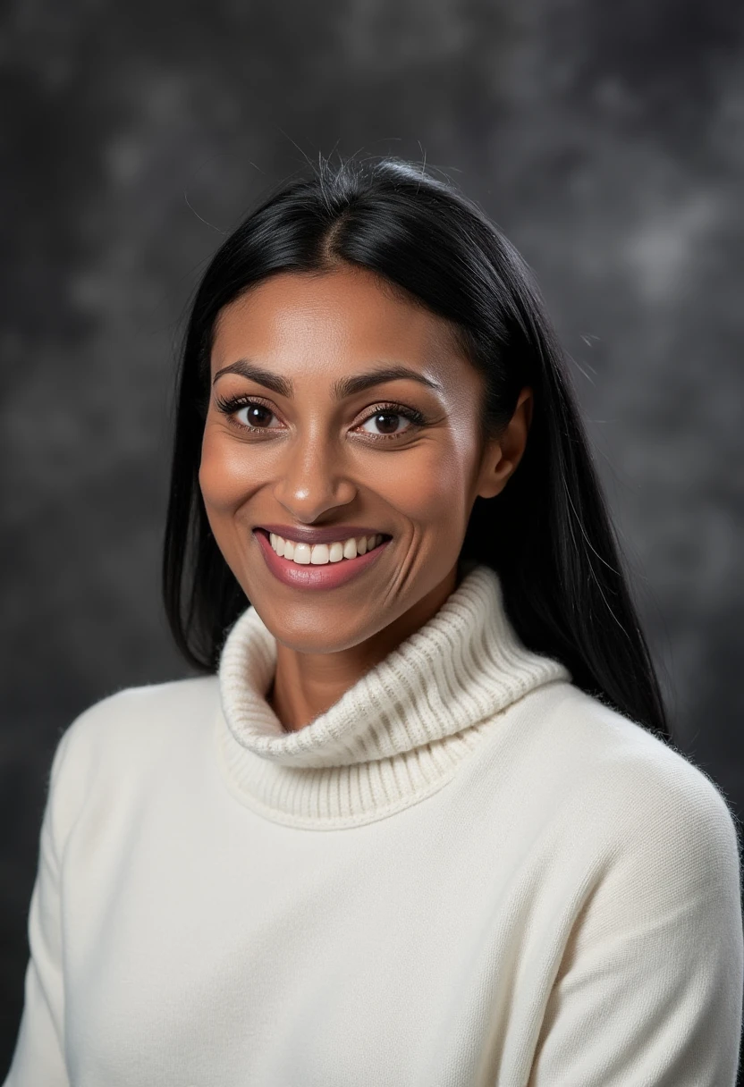 A professional portrait photo of shinisomara, a woman. She is smiling, showing her teeth. She is wearing a white knit turtleneck sweater. The background is blurry and shows a dark gray professional photo studio canvas.