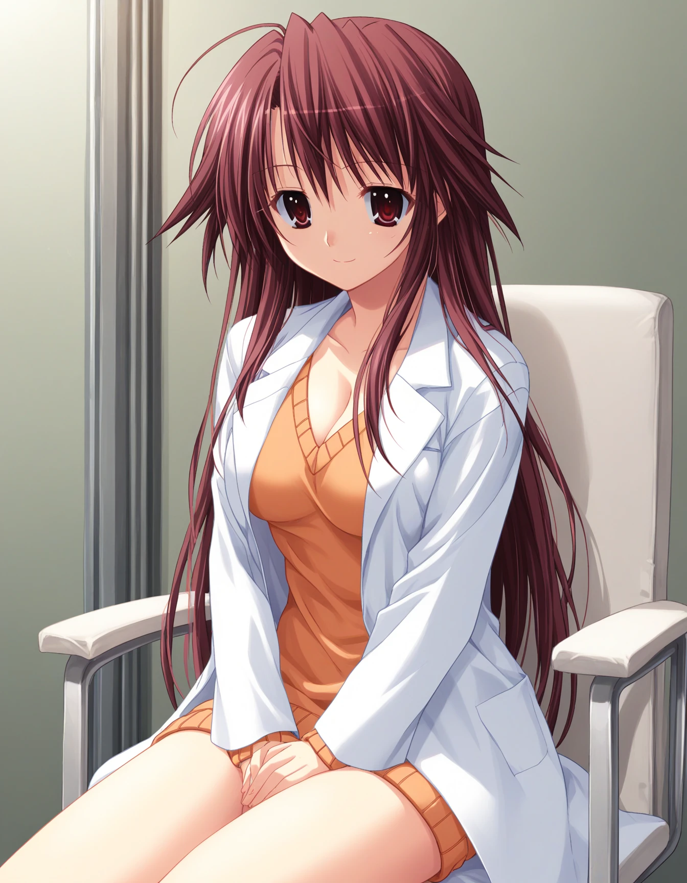 score_9, score_8_up, score_7_up BREAK 1girl, solo, onda mizuki, red hair, long hair, red eyes, light smile, lab coat, open coat, orange sweater, cleavage, sitting on chair, hands together, hospital, (three-quarter view:1.2), light theme <lora:onda_mizuki_pdxl_v1:0.8>