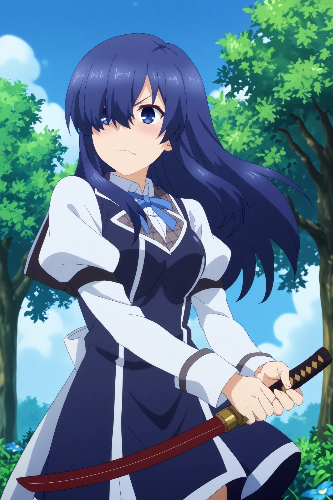  ayase ayatsuji,1girl,solo,long hair,weapon,breasts,school uniform,skirt,hair over one eye,purple eyes,blue hair,long sleeves,nanamori school uniform,holding katana BREAK outdoors,medieval school,blue sky,flower,sunshine    <lora:Ayase_Ayatsuji_-_Rakudai_Kishi_no_Eiyuutan.safetensors:0.8> <lora:detailed_backgrounds_v2.safetensors:0.5>