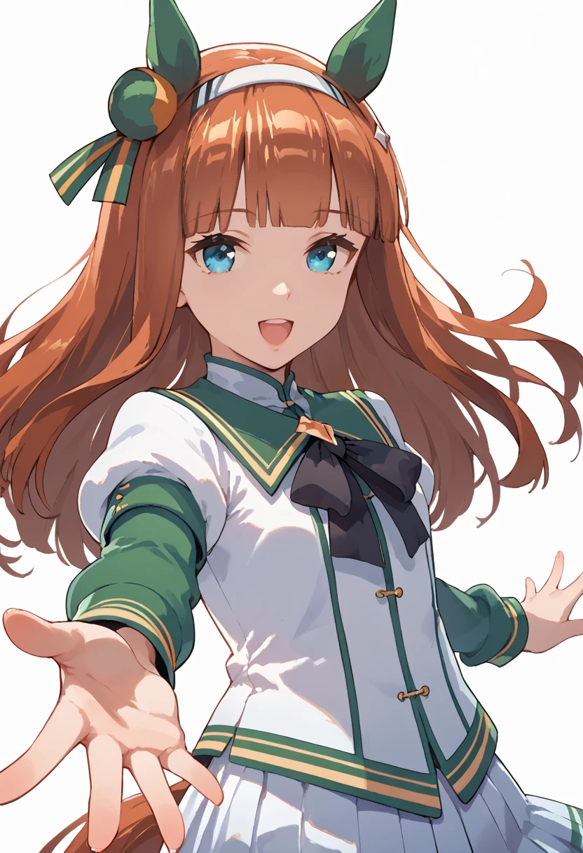<lora:suzuka_1.9.1:1>,UMASS,horse ears,ear covers,blunt bangs,long hair,orange hair,hair ornament,hairband,blue eyes,horse tail,R4CE,white pleated skirt,white background, reaching, dutch angle,looking at viewer, score_9, score_8_up, score_7_up,source_anime
