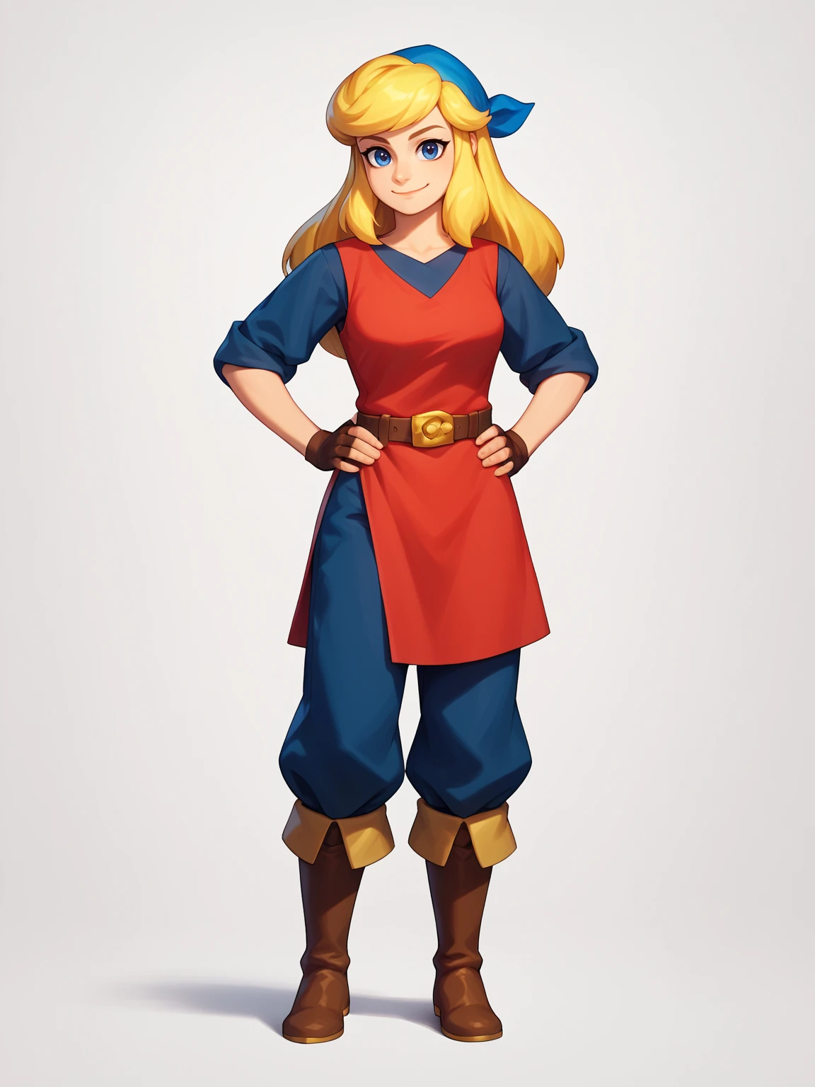 score_9, score_8_up, score_7_up, BREAK,
1girl, cadence, blue eyes, blonde hair, long hair,
blue bandana, red tunic, fingerless gloves, brown boots, belt, blue pants,
standing, hands on hips,
smile, looking at viewer, solo, simple background, white background  <lora:CadencePDXL_byKonan:1>