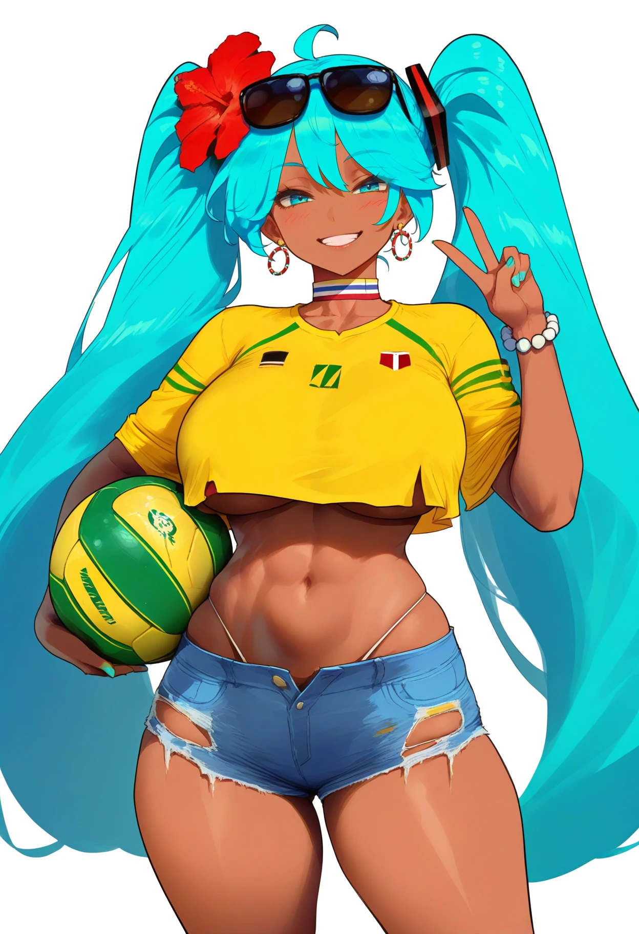 <lora:EroticSDXL:1>, best quality, masterpiece, EroticNansensu, 1girl, large breasts, short shorts, jewelry, holding ball, underboob, twintails, navel, eyewear on head, hair flower, v, hatsune miku, dark-skinned female, dark skin, crop top overhang, cropped shirt, bead bracelet, smile, earrings, aqua hair, hair ornament, white background, looking at viewer, midriff, sunglasses, highleg panties, denim shorts, volleyball (object), choker, cutoffs, thick thighs, beads, aqua eyes, panty straps, stomach, simple background, soccer ball, grin, underwear, blue shorts, tan, cowboy shot, sportswear, abs, open fly, torn shorts, hibiscus, aqua nails, thong, yellow shirt, nail polish, torn clothes, ahoge, toned, borrowed design, short sleeves, micro shorts