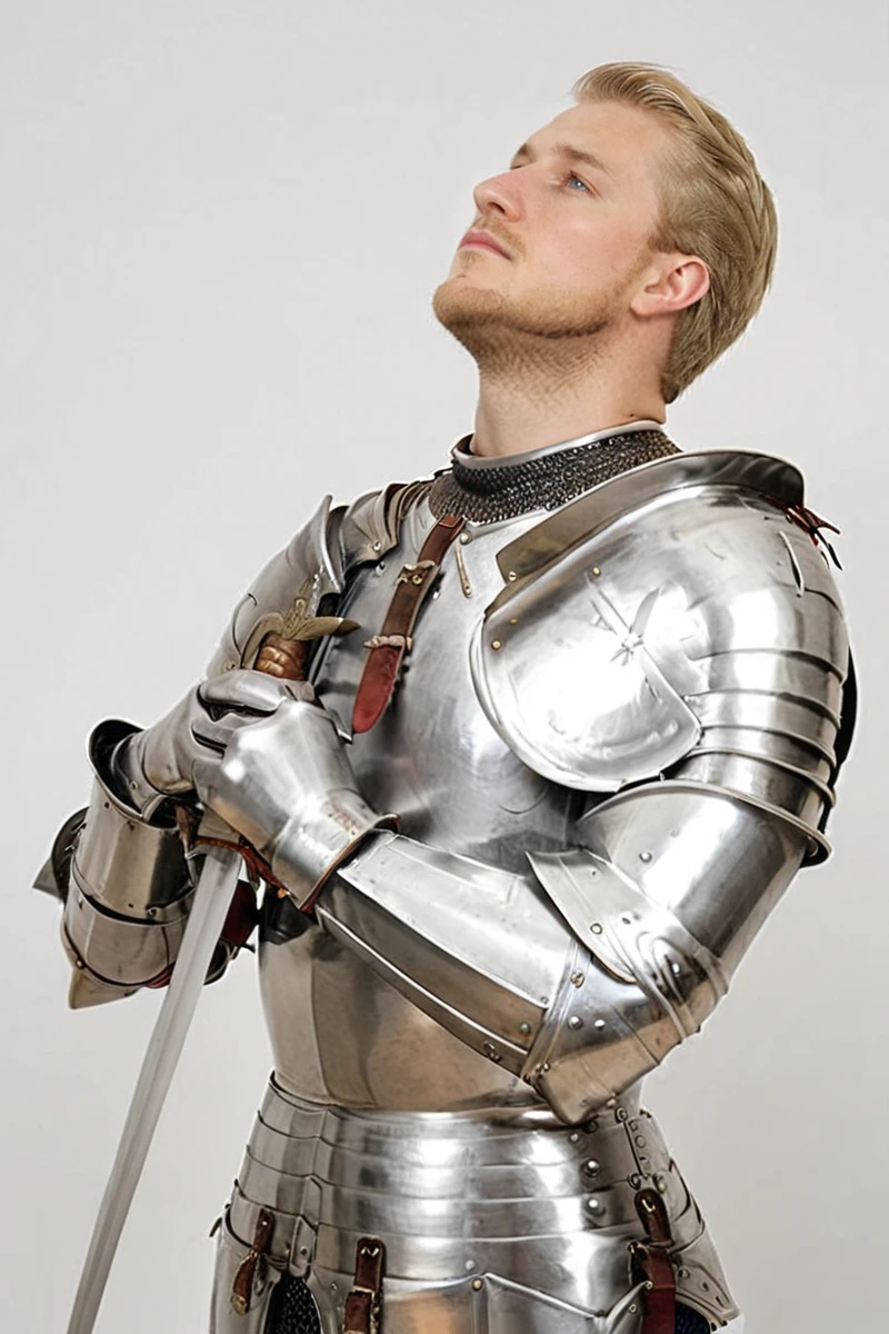 hires digital photo, photorealism, photo, simple white background, upper body, male, short blonde hair, looking up and away, (holding a sword over own chest, two handed:1.1), <lora:milanesearmorXL:1> wearing milanesearmor, pauldrons, faulds, gauntlets, intricate details, high resolution,, SDXL_Overall_Detail