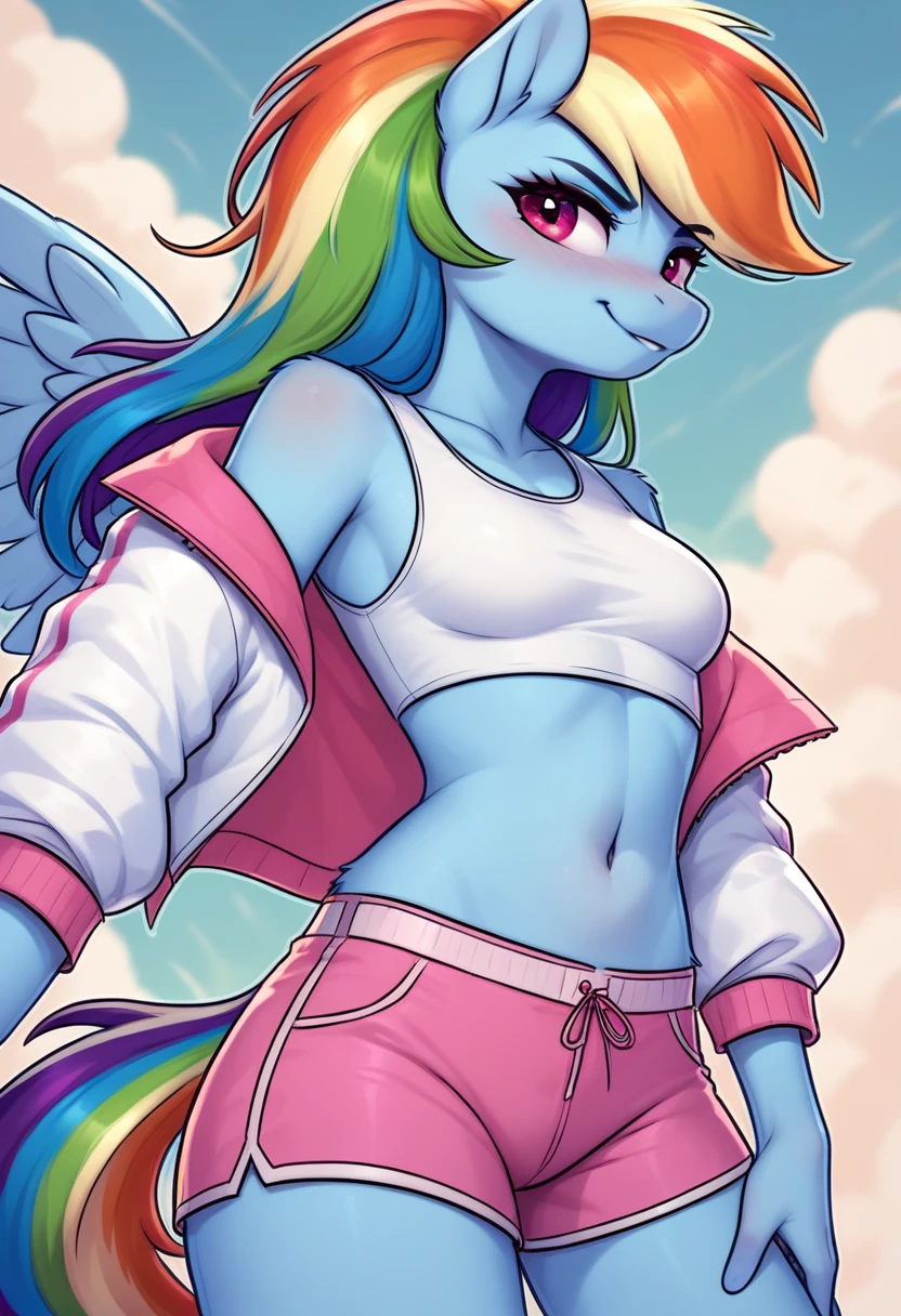 score_9, score_8_up, score_7_up, score_6_up, rainbow dash, pony, furry, blue skin, small wings, multicolored hair, anthro, pony face, white crop top, (toned:0.5), smile, small breasts, gym shorts, medium hair, blue sky