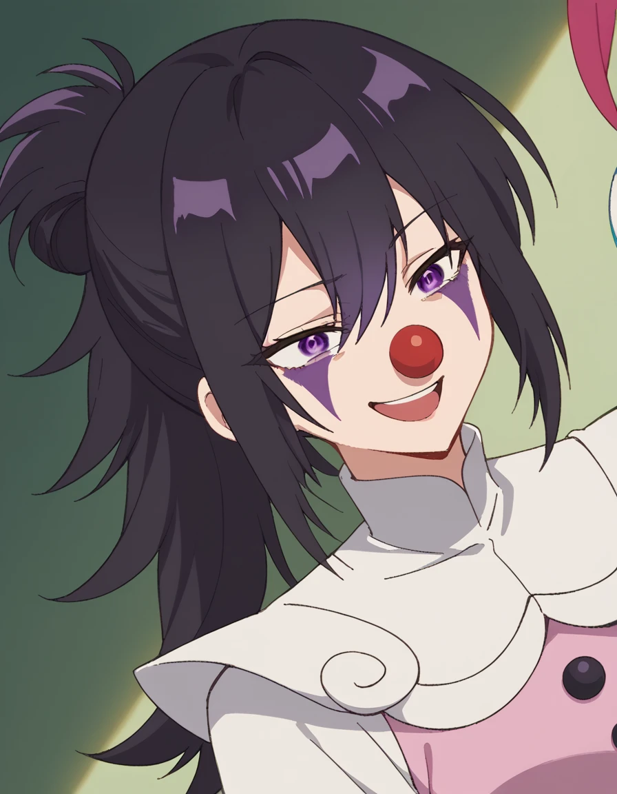 score_9, score_8_up, score_7_up, source_anime, <lora:motoko-izumi-s1-ponyxl-lora-nochekaiser:1>, motoko izumi, long hair, black hair, hair between eyes, purple eyes, ponytail, medium breasts,, <lora:clown-ponyxl-lora-nochekaiser:1>, clown, makeup, clown no...