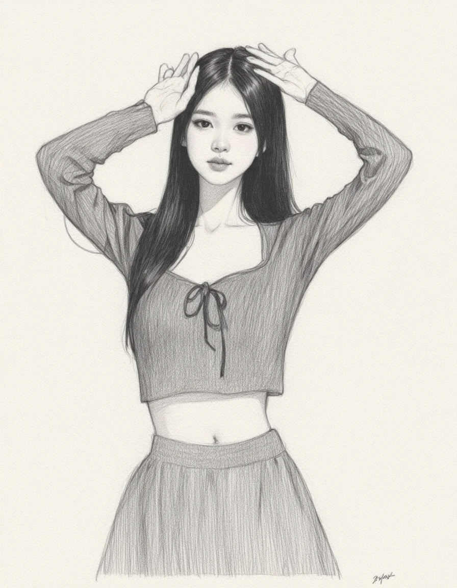 A pencil drawing of a young woman with long, straight black hair, wearing a loose, long-sleeved crop top with a tie at the neck and a high-waisted skirt. She has a fair complexion and a small, delicate nose. Her hands are raised above her head, fingers intertwined. The background is plain, with no additional details or textures. The drawing is done in a realistic style, with detailed shading and fine lines. The woman's expression is neutral, and she is looking directly at the viewer. The drawing is framed in a simple, rectangular border. The artist's signature is visible in the bottom right corner. The overall mood is serene and introspective.