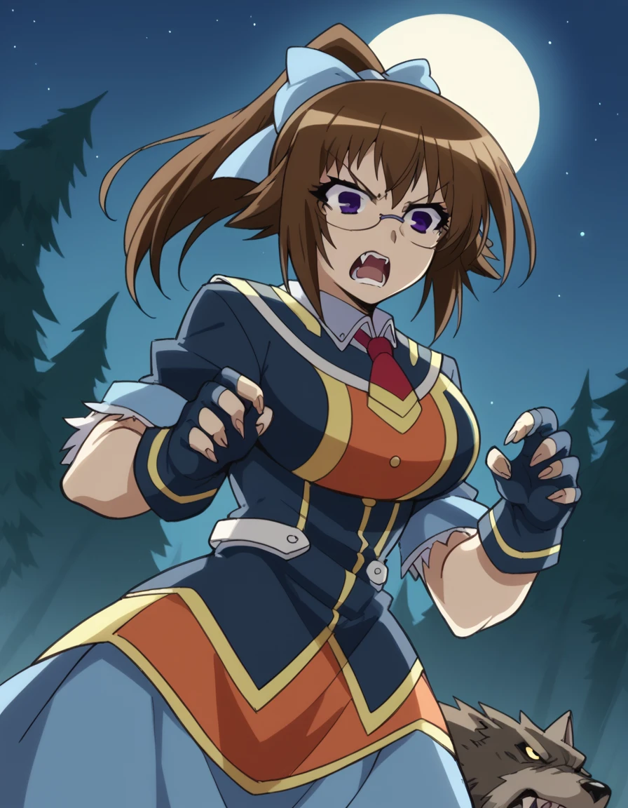 score_9, score_8_up, score_7_up, source_anime, <lora:mogana-kikaijima-s2-ponyxl-lora-nochekaiser:1>, mogana kikaijima, brown hair, purple eyes, ponytail, glasses, hair bow, blue hair bow, large breasts,, <lora:werewolf-ponyxl-lora-nochekaiser:1>, werewolf, furry, fangs, animal ears, gloves, angry, teeth, animal ear fluff,, forest, night, moon, open mouth, , dutch angle, cowboy shot