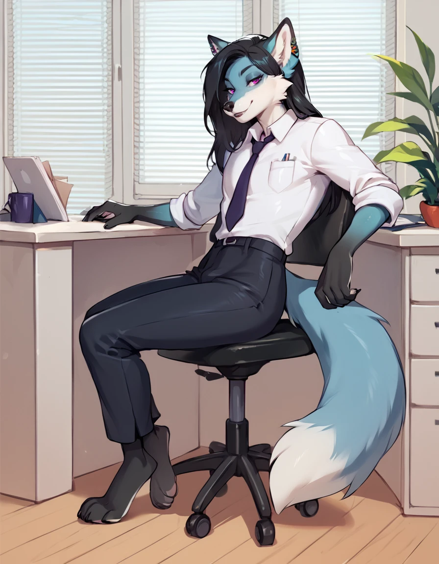 score_9,score_8_up,score_7_up,score_6_up,score_5_up,score_4_up,source_anime BREAK
office,
Ashley,1boy,solo,male focus,furry,black hair,tail,animal ears,animal nose,body fur,purple eyes,earrings,long hair,jewelry,snout,furry male,two-tone fur,piercing,pink eyes,ear piercing,wolf ears,
full body,seductive smile,long eyelashes,
office lady, 
<lora:Ashley_v01_PDXL:1>,