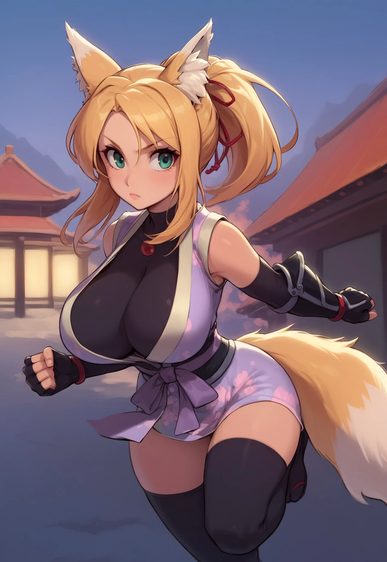 safe_pos, masterpiece, best quality, highly detailed, score_9, score_8_up, score_7_up, source_anime, girls only, no men, shiny, slim body, fit body, aesthetic body, thick thighs, huge breasts, yukikaze panettone, green eyes, blonde hair, fox ears, fox tail, japanese clothes, sleeveless, elbow gloves, fingerless gloves, black thighhighs, running, serious expression, japanese village, night