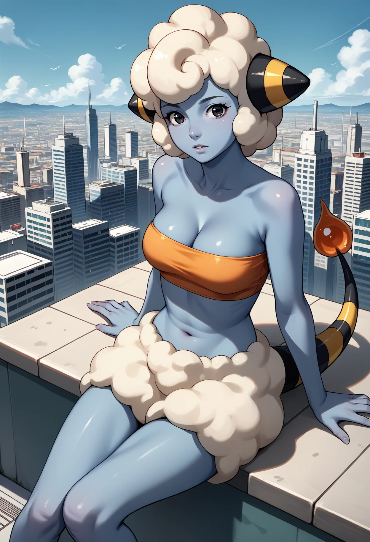 score_9, score_7_up, source_anime, 1girl, sitting, parted lips, looking at viewer, <lora:MareepPKMN-pdxl:1> mrpPKMN, sheep, blue skin, horns, black eyes, tail, midriff, cleavage, tube top, rooftop, cityscape