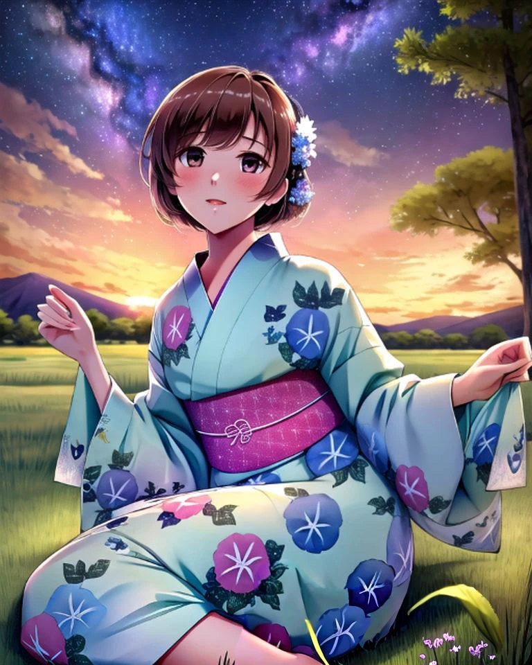 1girl, sitting on the ground, looking up at the milky way, summer nights, dynamic lighting, gorgeous colors, lush grass, detailed clothes, amazing composition, jacquard fabric, masterpiece, very detailed, trending on pixiv, 8k, highest quality, asagao