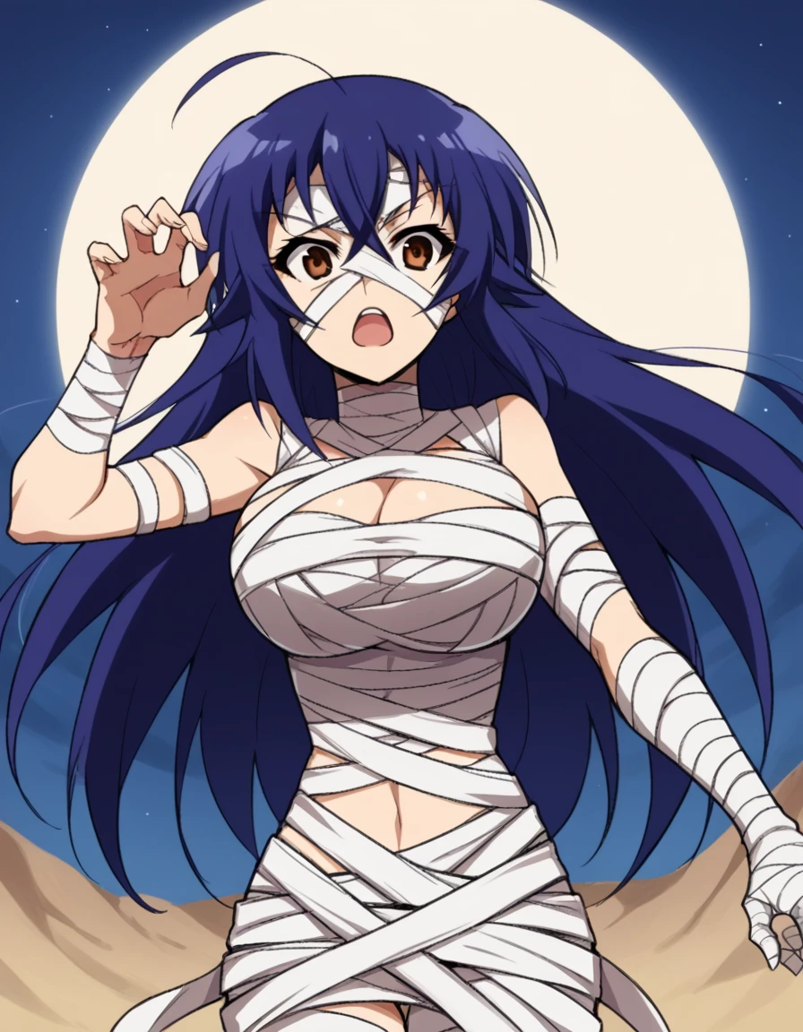 score_9, score_8_up, score_7_up, source_anime, <lora:medaka-kurokami-s2-ponyxl-lora-nochekaiser:1>, medaka kurokami, long hair, large breasts, blue hair, ahoge, brown eyes,, <lora:mummy-costume-ponyxl-lora-nochekaiser:1>, mummy costume, bandages, halloween costume, bandaged arm, zombie pose, bandage on face,, desert, moon, night, open mouth, , dutch angle, cowboy shot