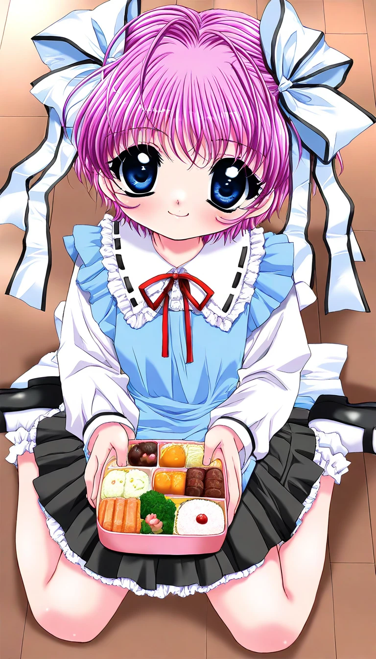 masterpiece, best quality, good quality, <lora:Kago_Noa_IS:1>KagoNoa, pink hair, purple hair, blue eyes, hair ribbon, white ribbon, short hair, short stack,
bento, food, ribbon, sitting, wariza, food art, long sleeves, smile, socks
smile,looking at viewer, cowboy_Shot,