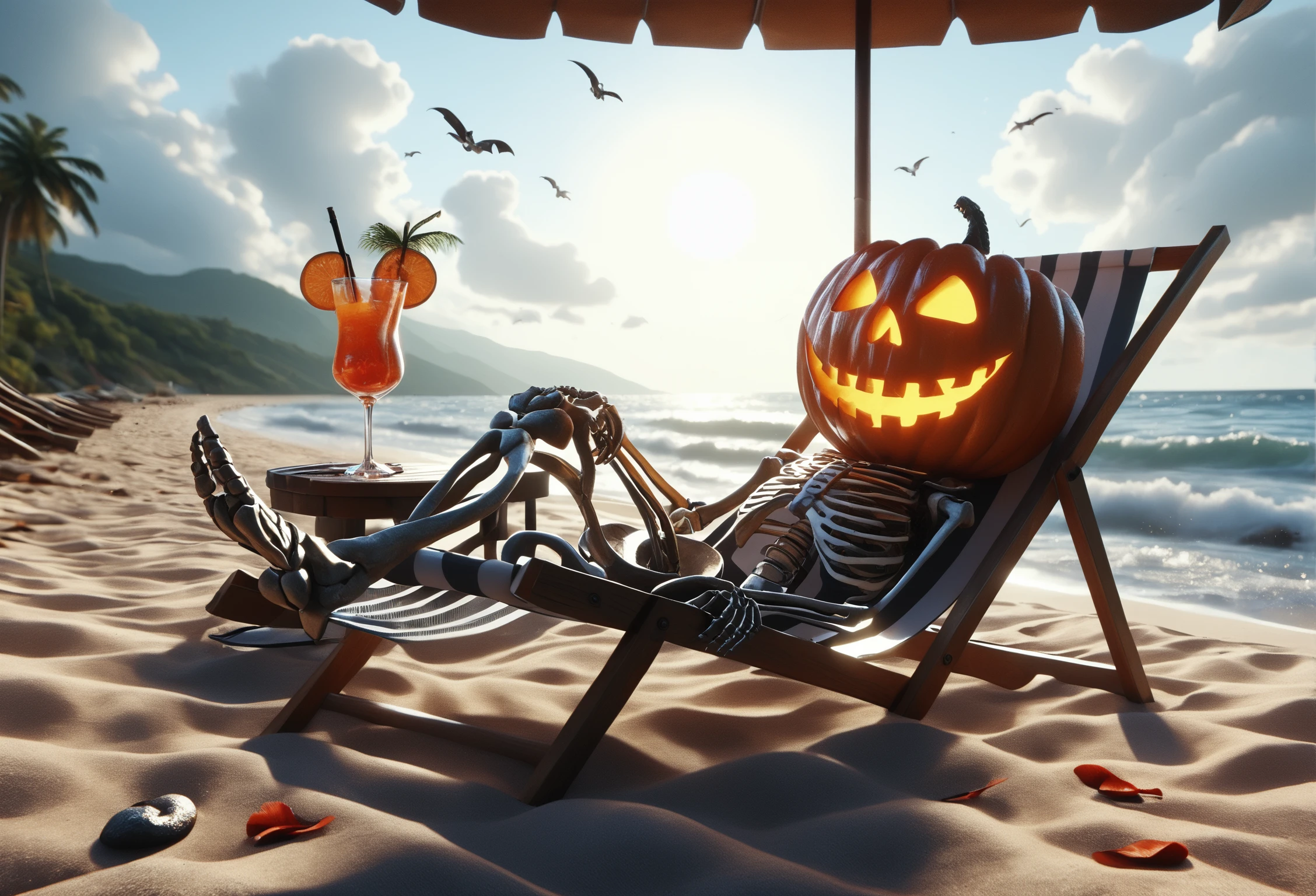 score_9, score_8_up, score_7_up, Skel-o'-lantern, lying on deck chair, umbrella, cocktail_glass, beach, palm_tree, falling_petals, dappled_sunlight, sun glare, glowing eyes, glowing mouth,, <lora:Skel-o'-lantern_v2:1.0>