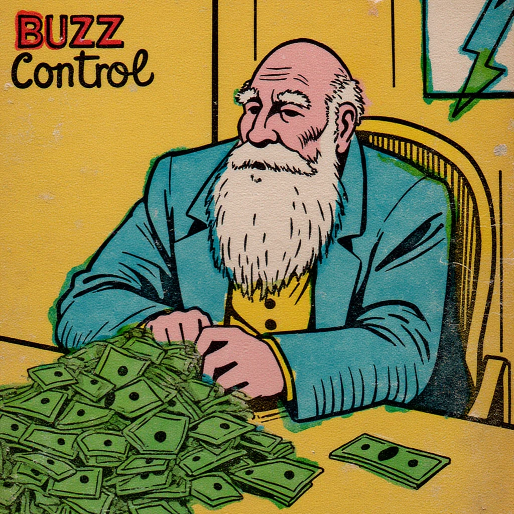  manucolgraf fat old banker with beard sitting at the table with a pile of money in blue and yellow colors with a lightning bolt sign, inscription "BUZZ Control" on the wall
