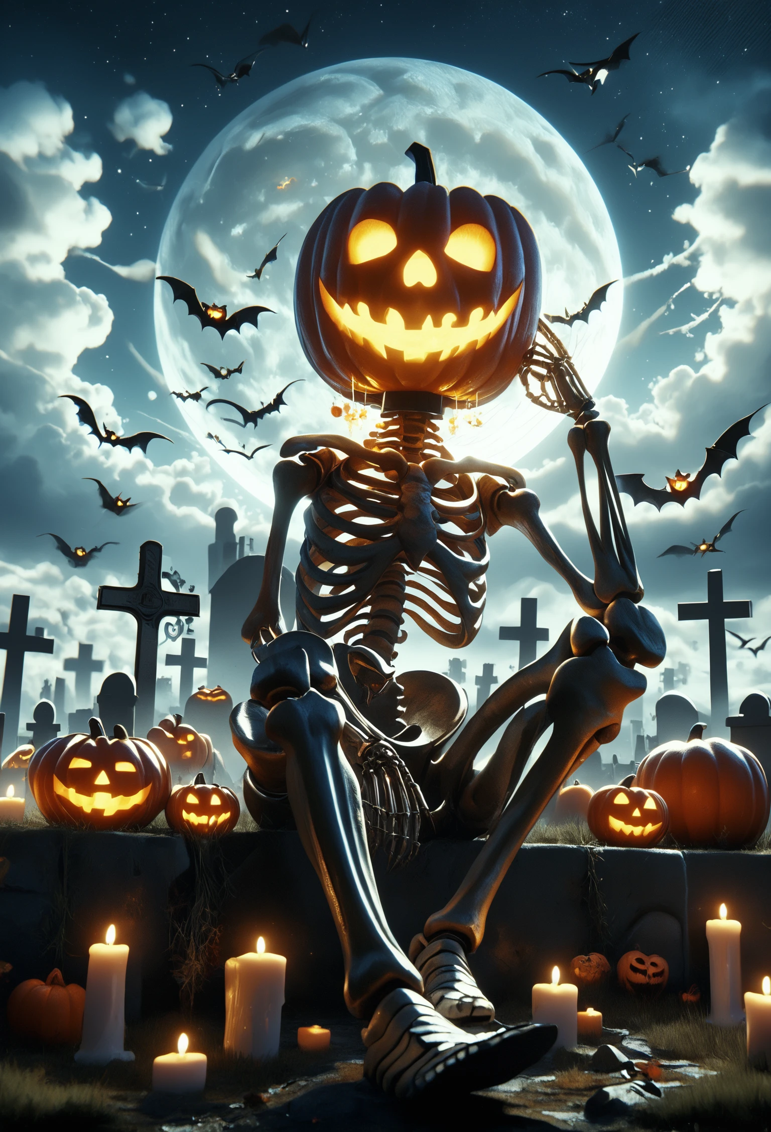 score_9, score_8_up, score_7_up, Skel-o'-lantern, surrounded by many jack-o'-lantern, no humans, sitting in graveyard, candle, lantern, crossed_legs, bat flying in the background, night, moon, clouds, starry sky, glowing eyes, glowing mouth, warm atmosphere,, <lora:Skel-o'-lantern_v2:1.0>