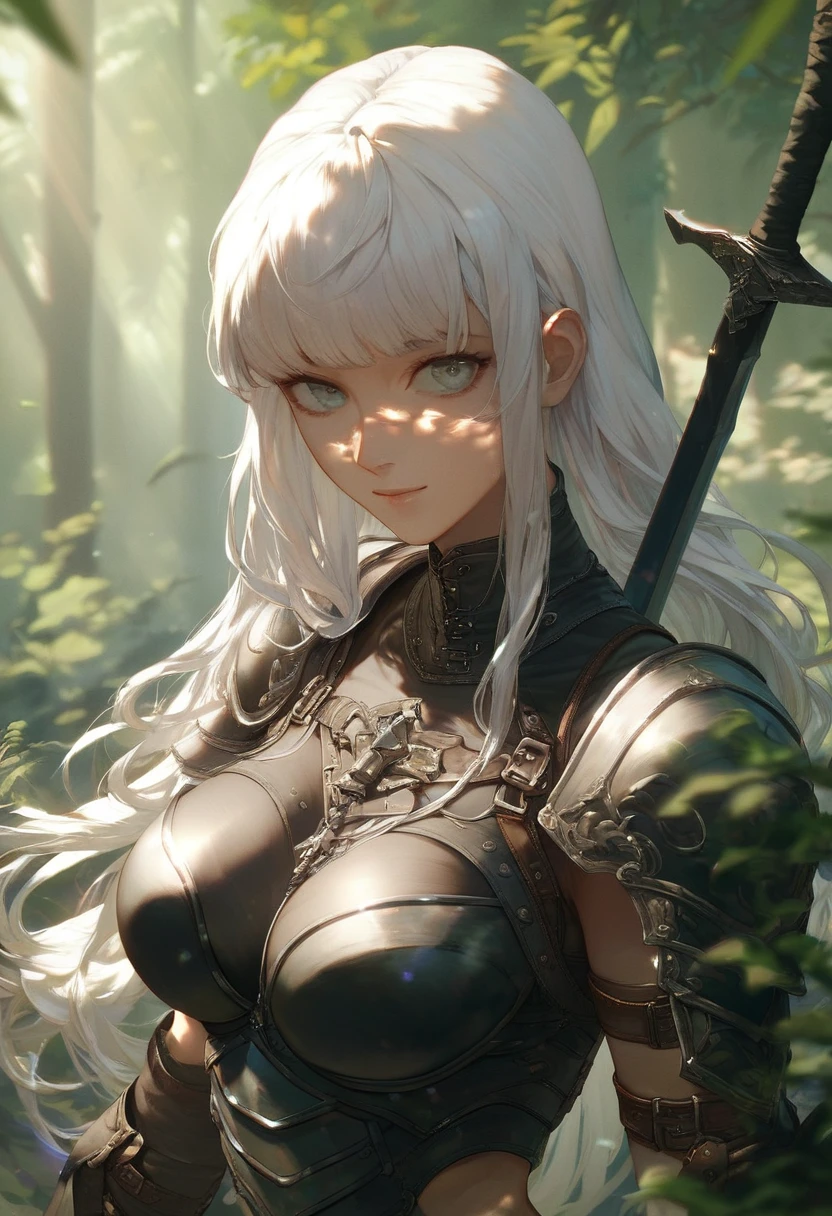 score_9, score_8_up, score_7_up, 1girl, beautiful, white hair, long hair, bangs, fair skin, big breasts, leather armor, sword, forest, dappled sunlight, upper body, looking at viewer