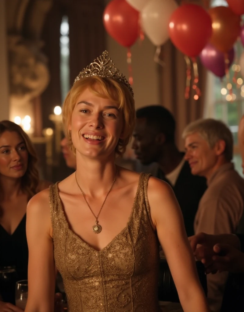 Cersei Lannister, she is the queen of the party. She wears a crown and is laughing. Birthday scenery with balloons and decorations <lora:Cersei:0.9>