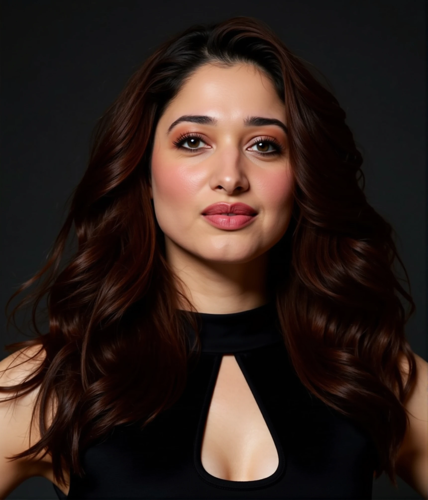 A close-up shot of a woman tamannaah with long dark brown hair, a black sleeveless blouse with a cutout in the center of her chest is visible. Her eyes are wide open, and her lips are pink. The backdrop is a dark gray, and the woman's hair cascades over her shoulders.