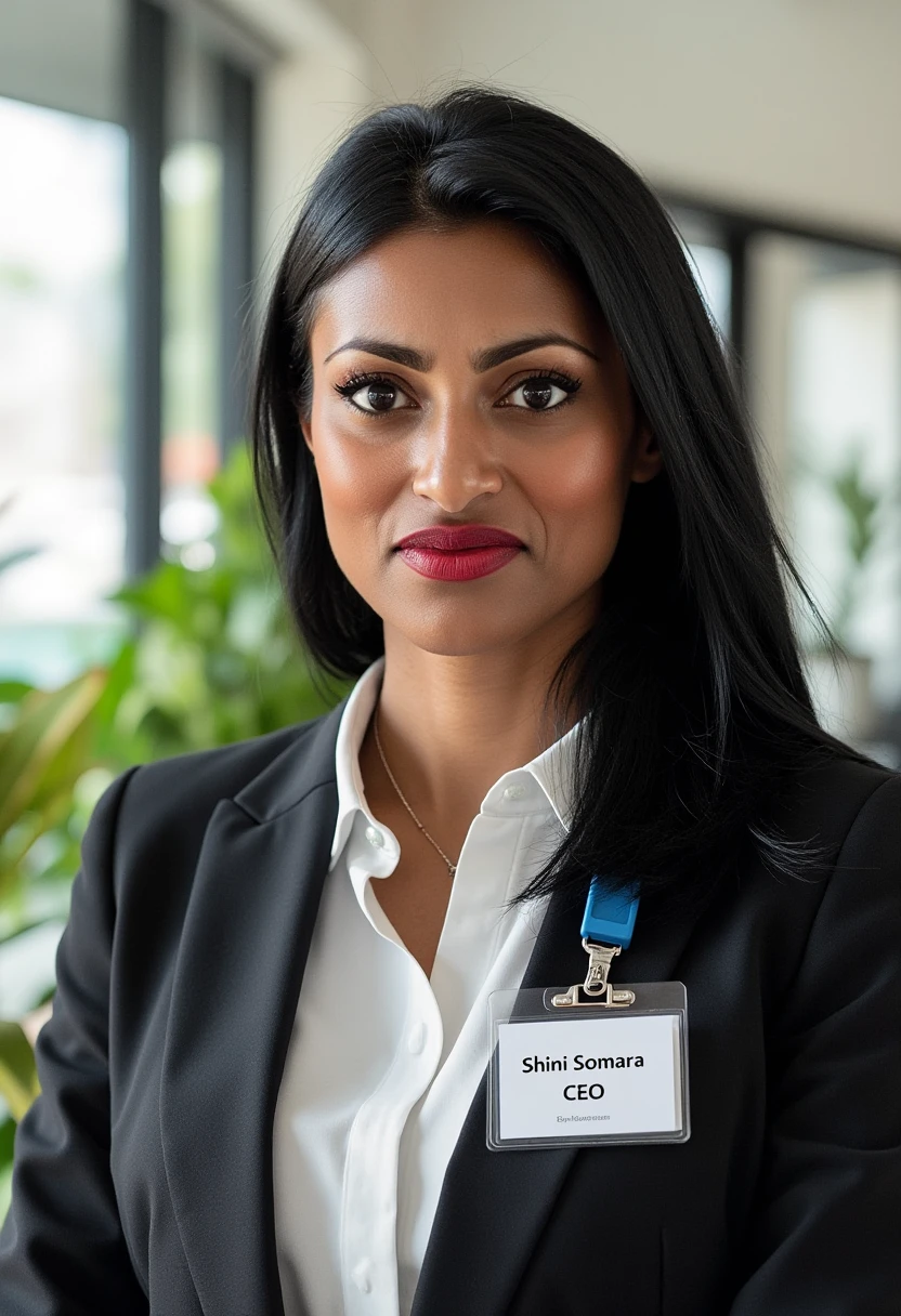 A portrait photo of shinisomara, a woman. She is looking straight at the viewer with a serious expression on her face. She is wearing red lipstick. Her eyebrows are drawn down. Her mouth is closed and her lips are pressed together. She is wearing a professional white shirt and a black business suit. A simple ID badge with black bold text name "Shini Somara" and smaller title "CEO" is clipped to the suit jacket. The background is blurry and shows a modern office with house plants. Sunlight is shining through large windows.