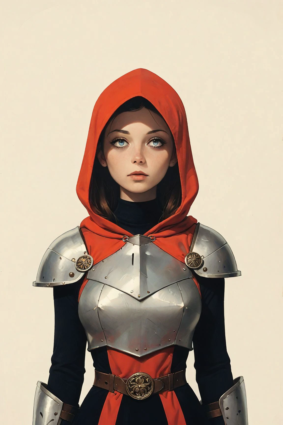 score_9, score_8_up, score_7_up DDgamevestal, 1 girl female Focus, armor, paludrons, shoulder pads, hood, hooded, shaded eyes,