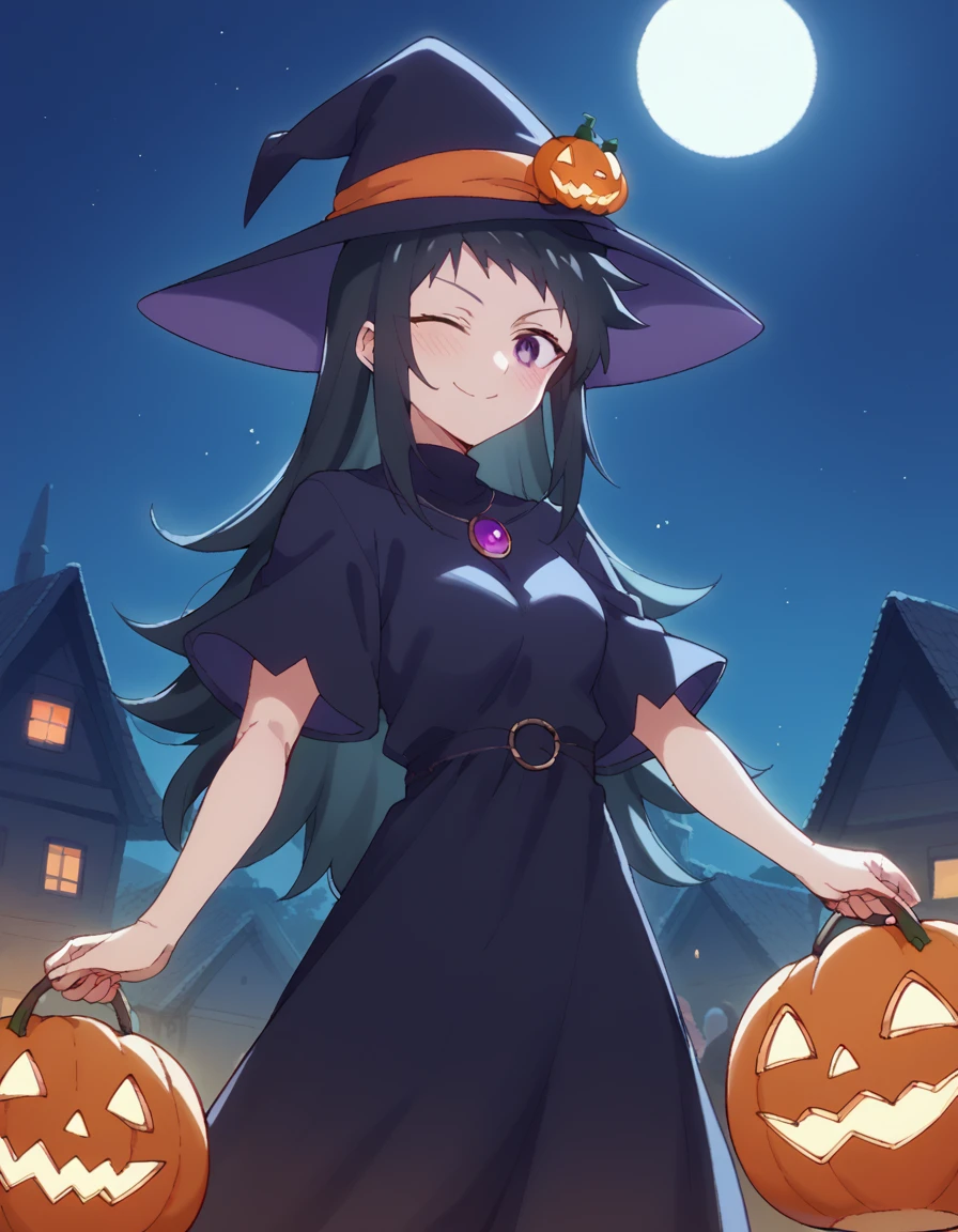 score_9, score_8_up, score_7_up, source_anime, <lora:kyou-nekozaki-s1-ponyxl-lora-nochekaiser:1>, kyou nekozaki, long hair, black hair, purple eyes, medium breasts,, <lora:witch-ponyxl-lora-nochekaiser:1>, witch, hat, witch hat, dress, halloween, halloween costume, jewelry,, night, moon, blush, smile, one eye closed,, , dutch angle, cowboy shot