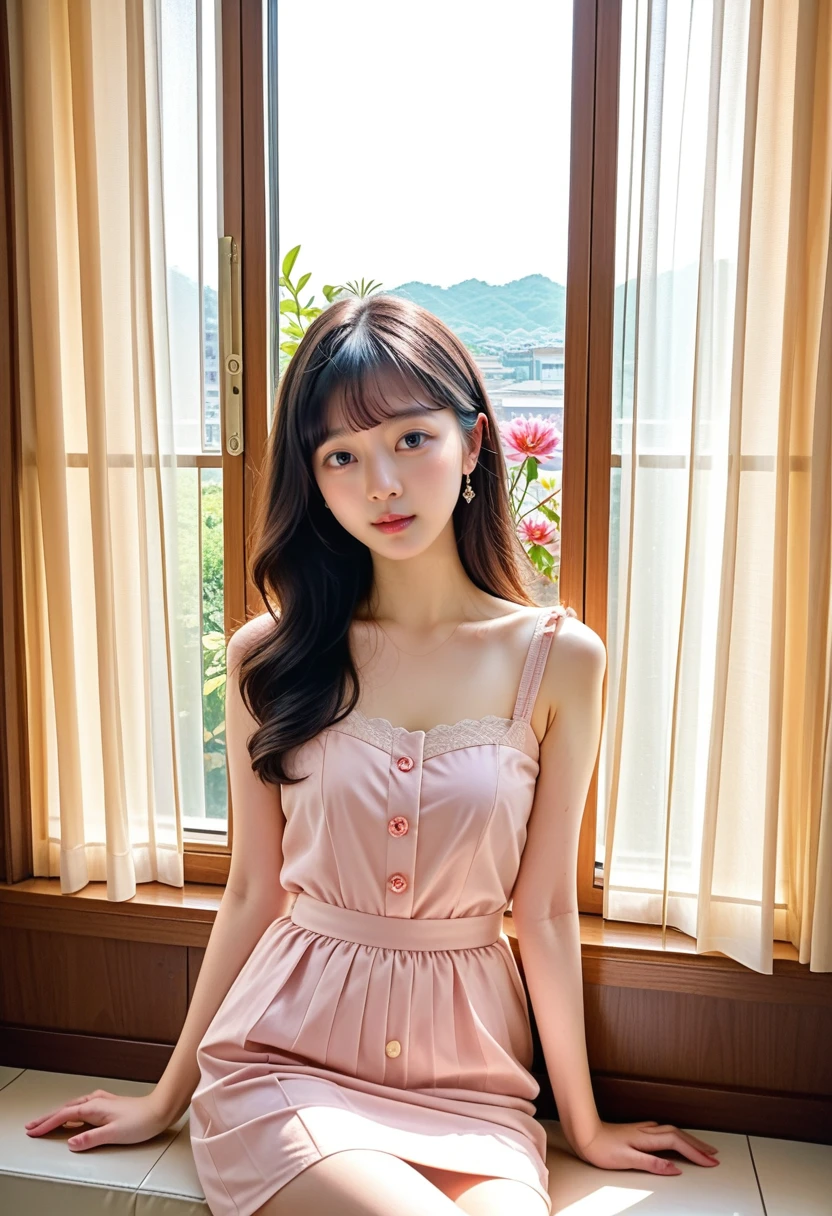 ((Highest quality)), ((masterpiece)), (detailed), Shoulders out , one piece , Primary school students,girl,whole body,pink